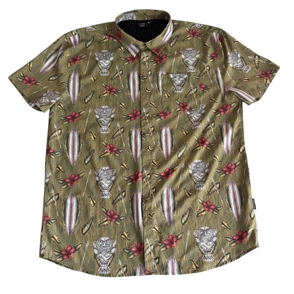 Psycho Tuna 2XL Green Tiki Surf Back Vents Lightweight Men's Button Up Shirt